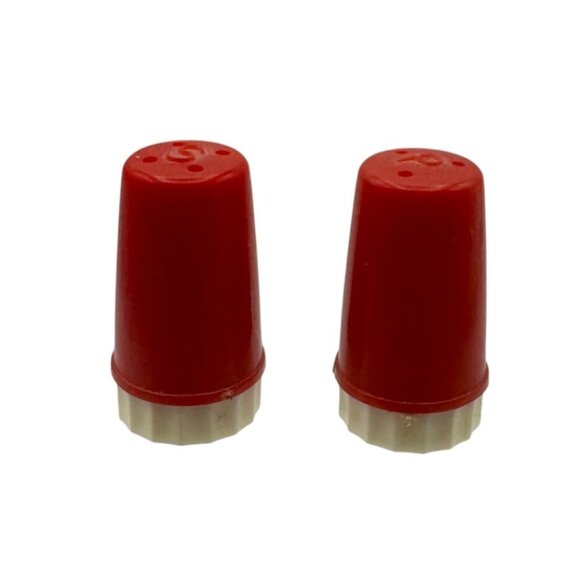 Vintage Red Plastic Salt & Pepper Shakers With White Screw-On Bottoms 1 inch - Picture 1 of 4